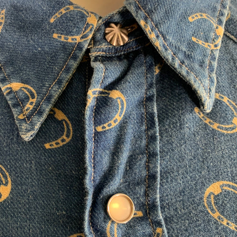 RRL by RALPH LAUREN Size XL Blue Cream Horseshoe Print Cotton Linen Overshirt