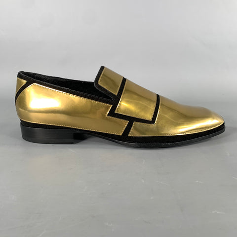 JIMMY CHOO Size 7.5 Gold Black Metallic Leather Slip On Loafers