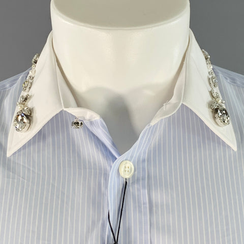 BURBERRY Size S Blue White Stripe Cotton Crystal Embellishment One Pocket Long Sleeve Shirt