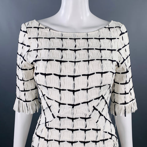 FREDERICK ANDERSON Size 4 White Black Cotton Textured Short Sleeve Dress