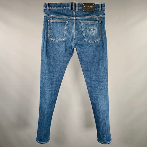 BALMAIN Size 32 Blue Cotton Blend Button Fly Jeans