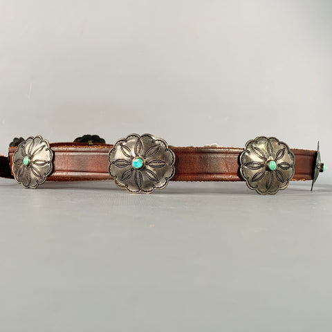 VINTAGE Size M Brown Silver Leather Metal Turquoise Concho Belt