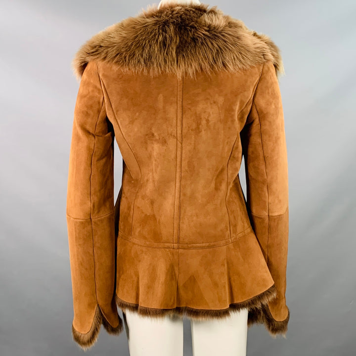 MAX MARA Size 12 Brown Rust Suede Shearling Trim Coat