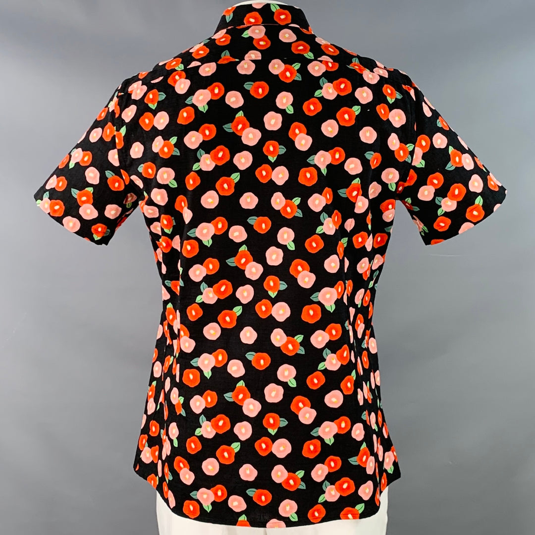 RAF SIMONS SS14 Runway Size 44 Black Red Pink Floral Poppy Cotton Button Up Short Sleeve Shirt