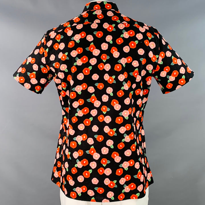 RAF SIMONS SS14 Runway Size 44 Black Red Pink Floral Poppy Cotton Button Up Short Sleeve Shirt