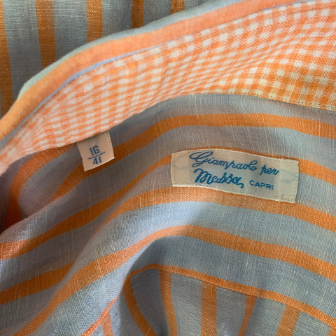 GIAMPAOLO PER MESSA CAPRI Size M Blue Orange Stripe Linen Long Sleeve Shirt