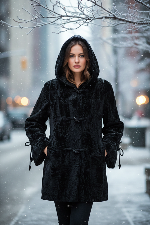 GALANOS Size M Black Hooded Coat