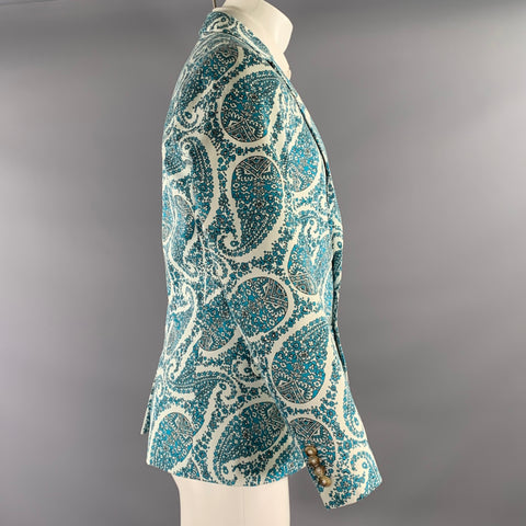 MR TURK Chest Size 40 White Blue Paisley Cotton Blend Notch Lapel 34 28 Suit