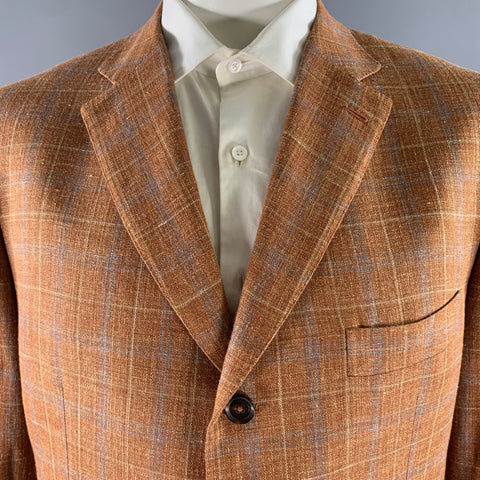 ISAIA Size 46 Orange Blue Camel Plaid Wool Blend Notch Lapel Sport Coat