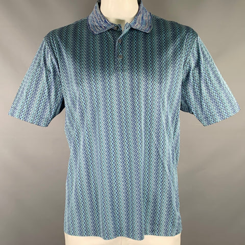 JHANE BARNES Size L Blue Green Zig Zag Silk Short Sleeve Polo