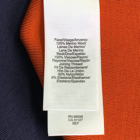 Robe DKNY taille M en laine mérinos bleu marine et orange à manches courtes avec liseré contrastant