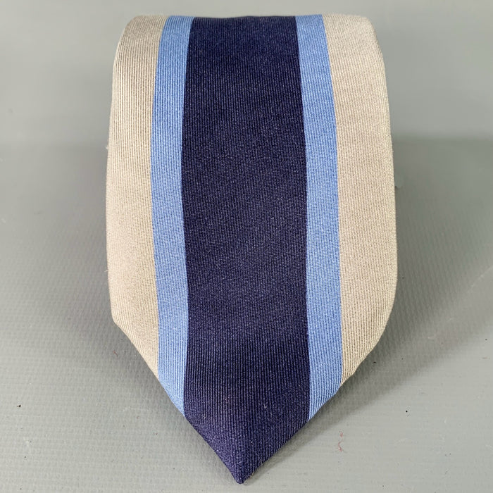 PRADA Grey Navy Blue Stripe Silk Skinny Tie