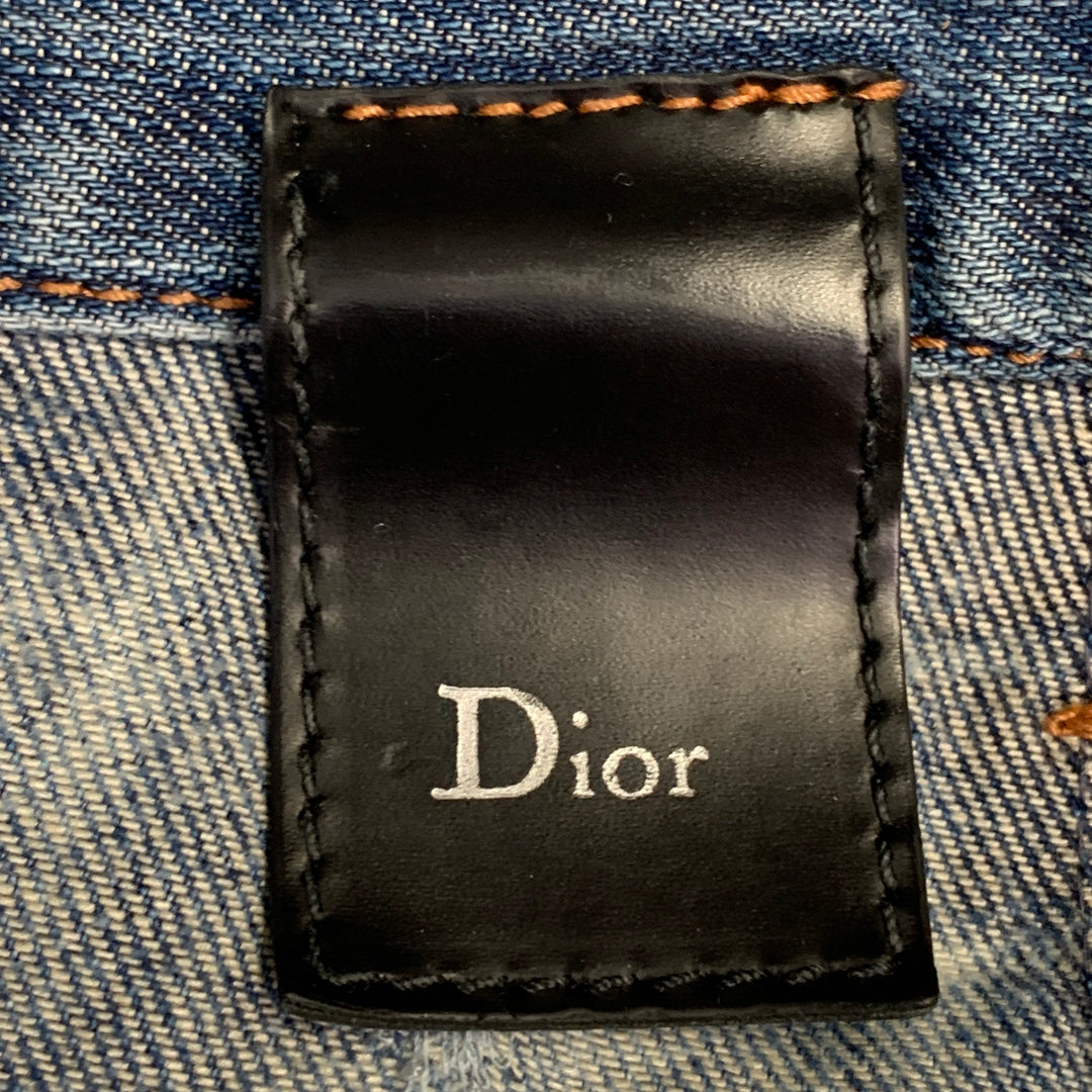 DIOR Size 34 Blue Washed Cotton Distressed Straight Button Fly Jeans