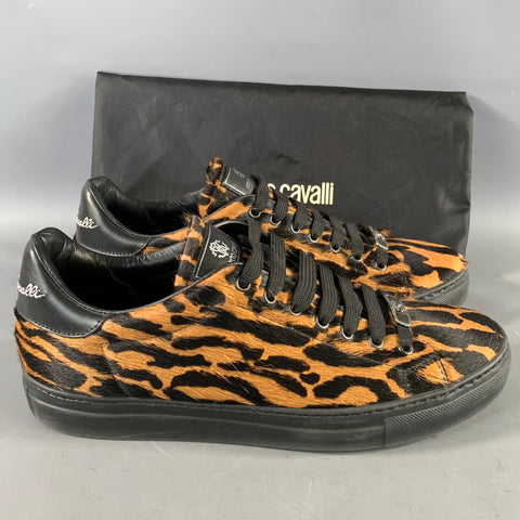 ROBERTO CAVALLI Size 11 Brown Black Animal Print Pony Hair Low Top Sneakers