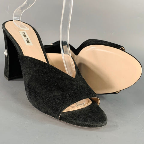 MIU MIU Size 11 Black Suede Rhinestone Peep Toe Sandals