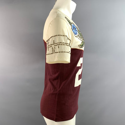 GUCCI Size XS Beige Burgundy Studded Cotton Crew Neck T shirt