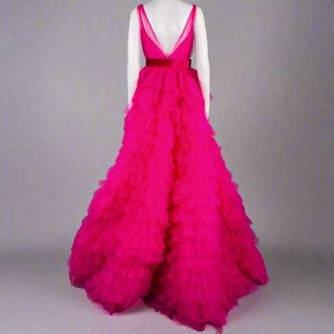 TEUTA MATOSHI Size S Purple Fuchsia Tulle Ruffled Sleeveless Gown