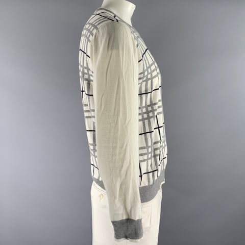 PRIVATE STOCK Size L White Grey & Black Plaid Cotton V-Neck Pullover
