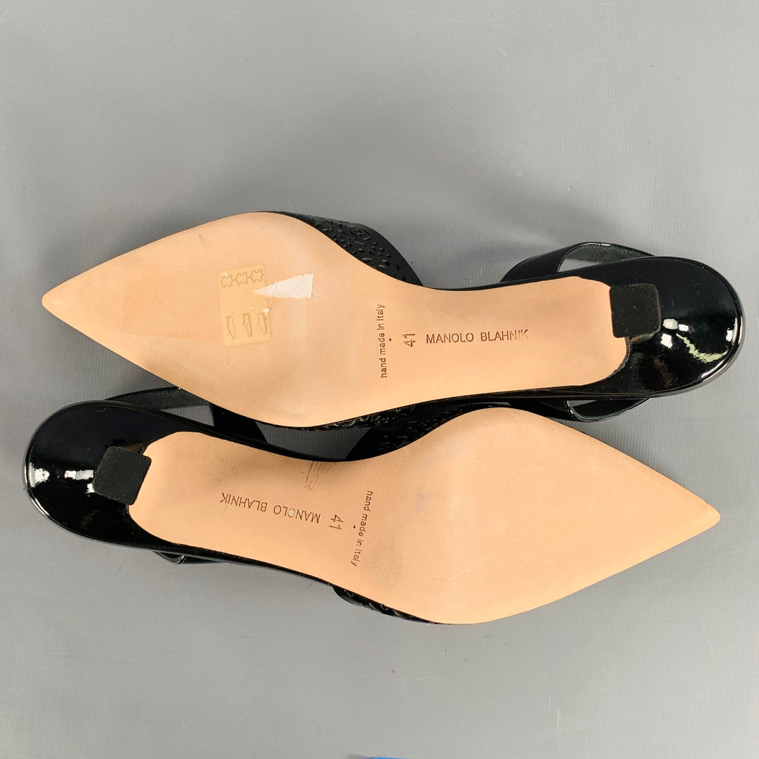 MANOLO BLAHNIK Size 11 Black Perforated Patent Leather Slingback Pumps
