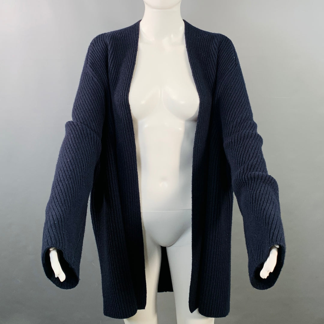 THE ROW Size M Navy Wool Cashmere Ribbed Open Front Cardigan