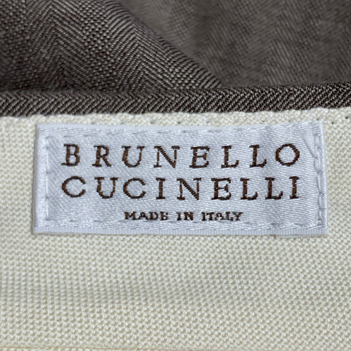 BRUNELLO CUCINELLI Size 38 Brown Herringbone Linen Wool Silk Peak Lapel Suit