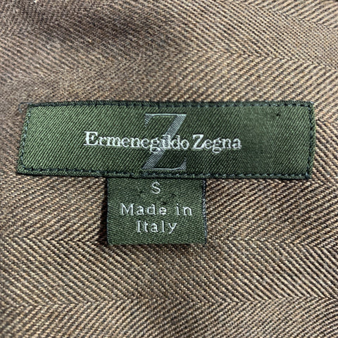 ERMENEGILDO ZEGNA Size S Brown Herringbone Cotton One Pocket Long Sleeve Shirt