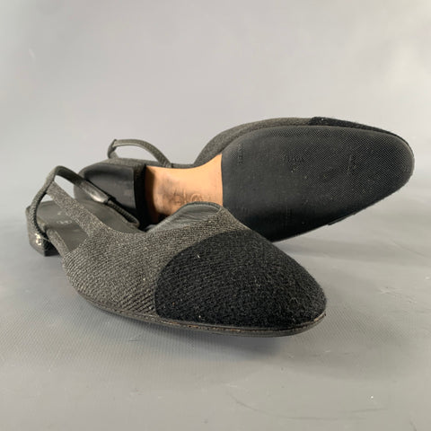 CHANEL Size 8.5 Charcoal Navy Wool Leather Trim Classic Flats