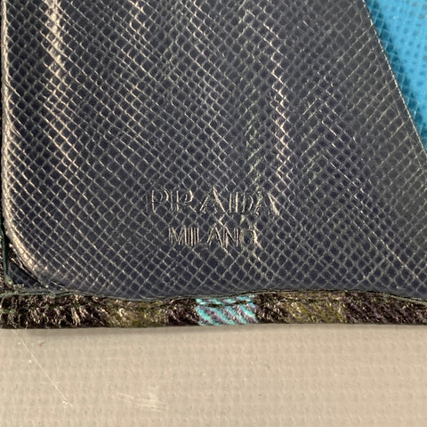 PRADA Green Blue Yellow Plaid Saffiano Leather Card Case Wallet