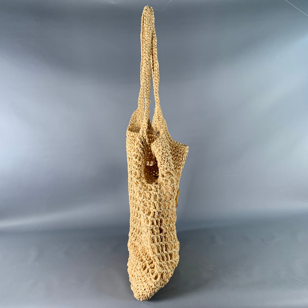YVES SAINT LAURENT Icare Maxi Gold Natural Crochet Raffia Logo Tote Handbag
