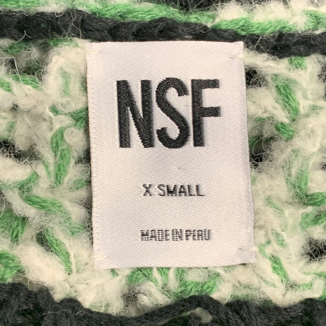 NSF Size XS Black Green White Cotton Blend Distressed Mesh Back Crew Neck Sweater
