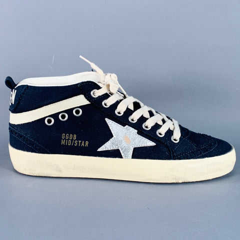GOLDEN GOOSE MIDSTAR Size 7 Navy Cream Canvas Distressed Mid Top Sneakers