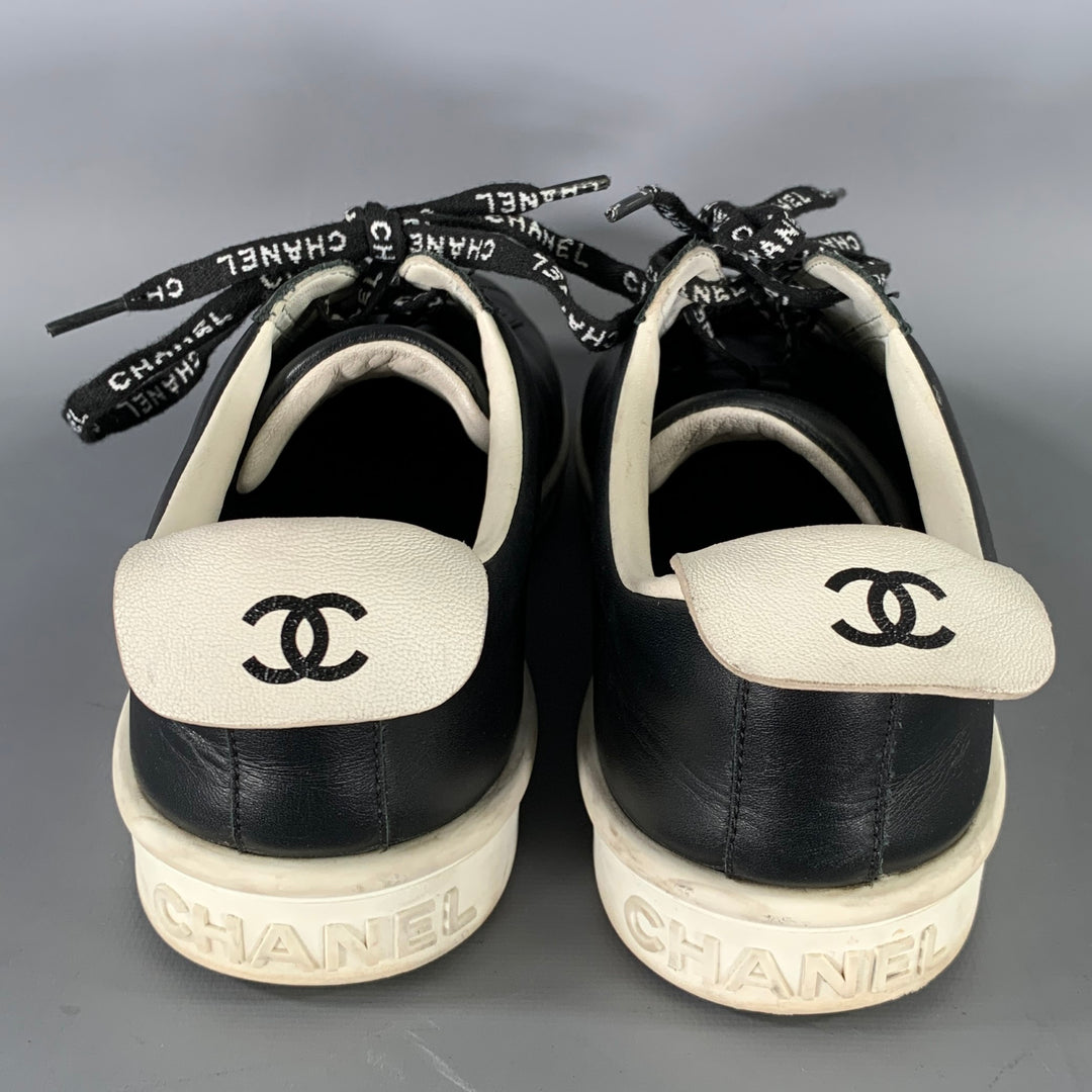 CHANEL Size 9 Black White Solid Leather Vulcanized sole Sneakers