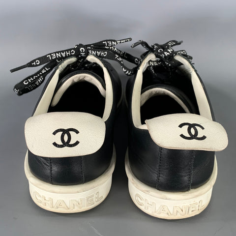 CHANEL Size 9 Black White Solid Leather Vulcanized sole Sneakers