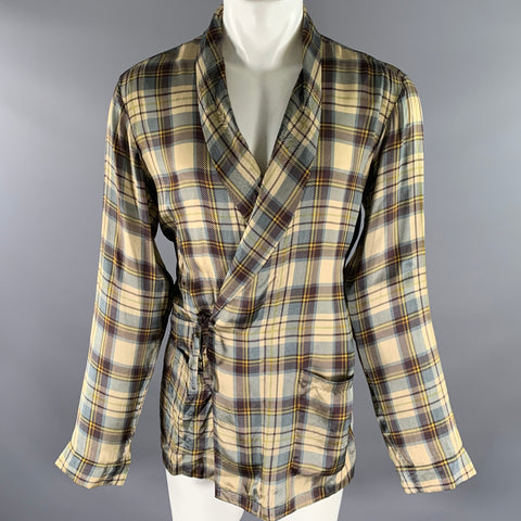 DRIES VAN NOTEN Size M Brown Blue Plaid Viscose Shawl Collar Robe