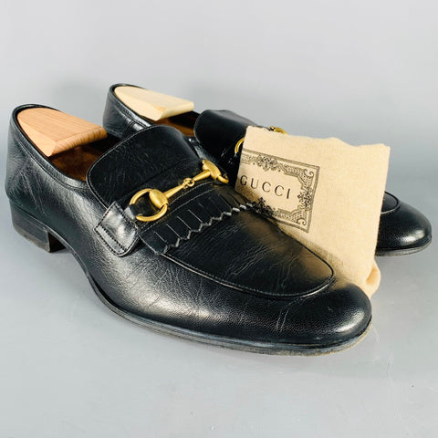 GUCCI Size 10.5 Black Gold Leather Moccasin Loafers