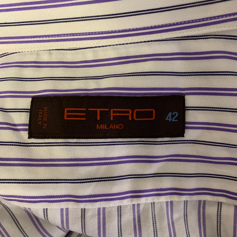 ETRO Size XL White Purple Navy Stripe Cotton Long Sleeve Shirt