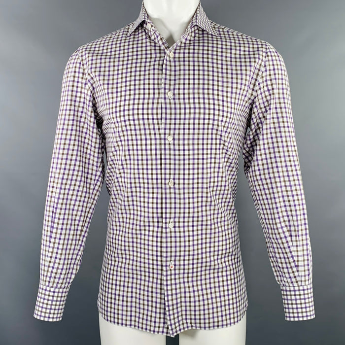 ISAIA Size M White Purple Brown Checkered Cotton Long Sleeve Shirt