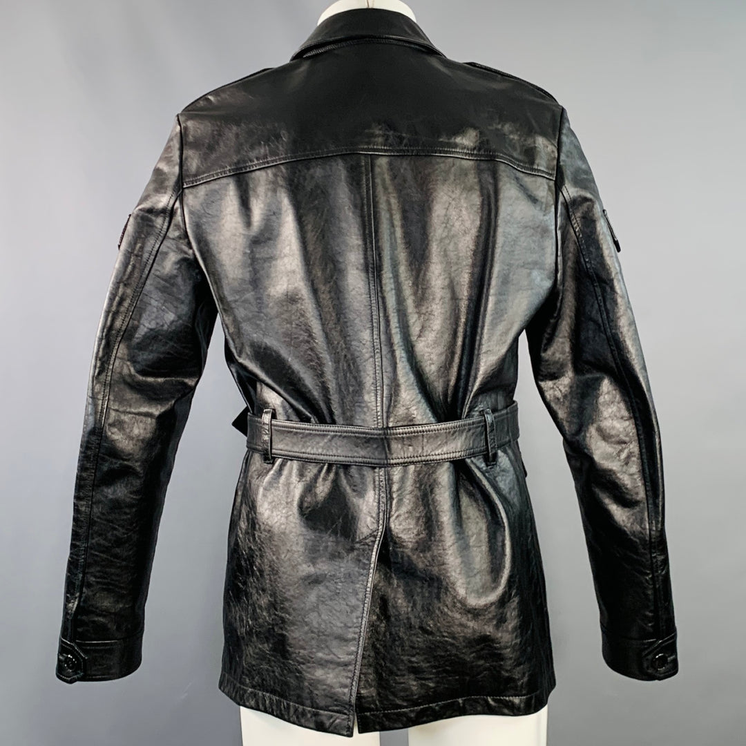 SAINT LAURENT Size M Black Calf Leather Belted Jacket