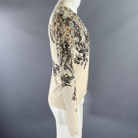JOHN RICHMOND Size S Cream Tan Dragon Print Cotton Silk Cardigan