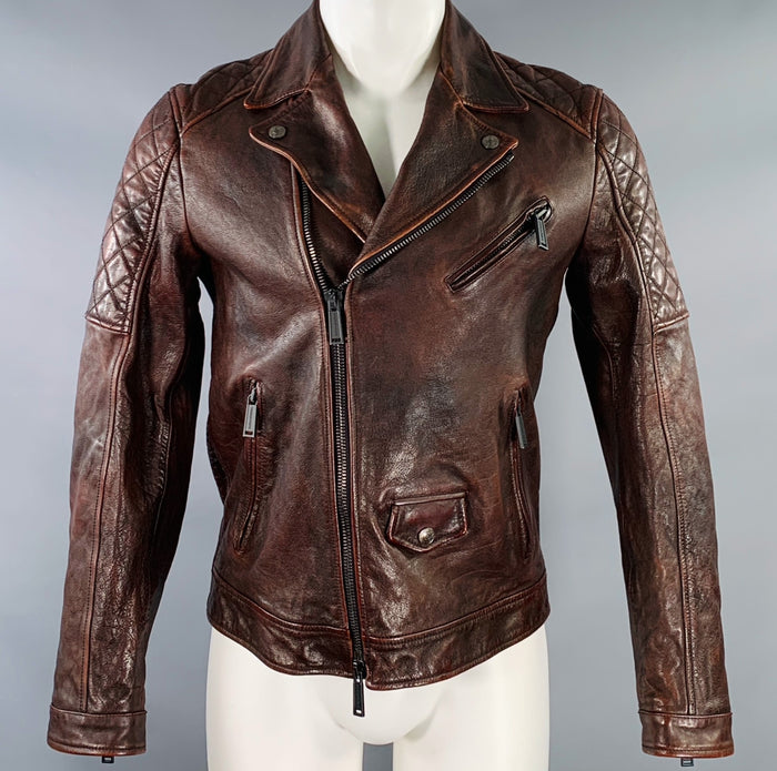 DSQUARED2 Size 40 Brown Distressed Leather Slim Fit Biker Jacket