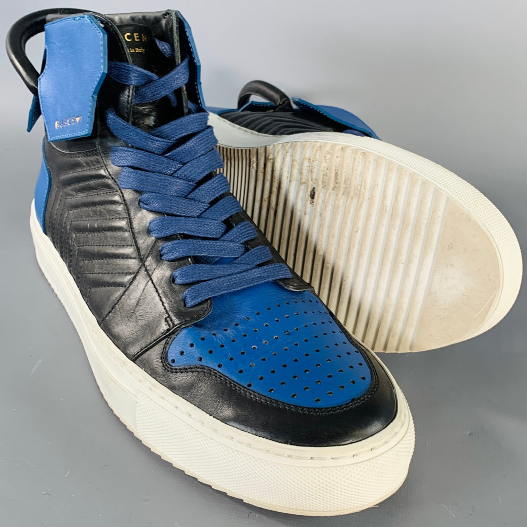 BUSCEMI Size 11 Black Blue Color Block Leather High Top Sneakers