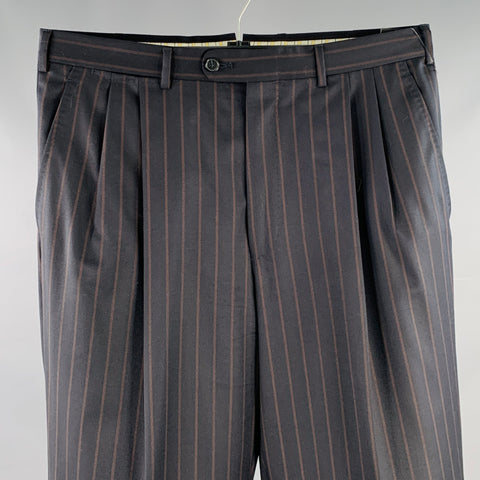ERMENEGILDO ZEGNA Size 32 Black Brown Stripe Wool Pleated Cuffed Dress Pants