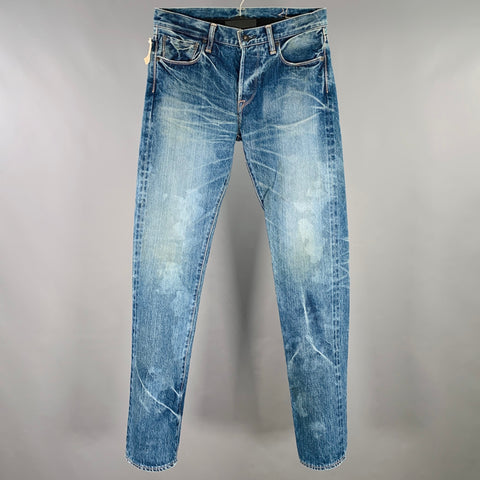 KURO Size 29 Graphite Blue Contrast Stitch Cotton Distressed Selvedge Jeans