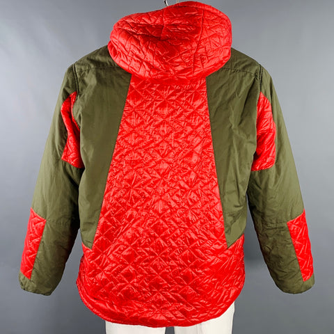 MONITALY Size L Olive Red Quilted Cotton Nylon Pop Over Jacket
