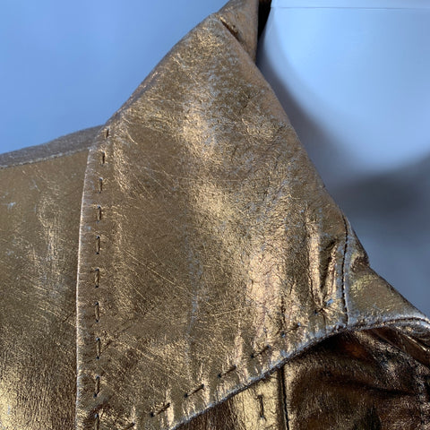 JUST CAVALLI Size 4 Gold Metallic Leather Distressed Long Coat