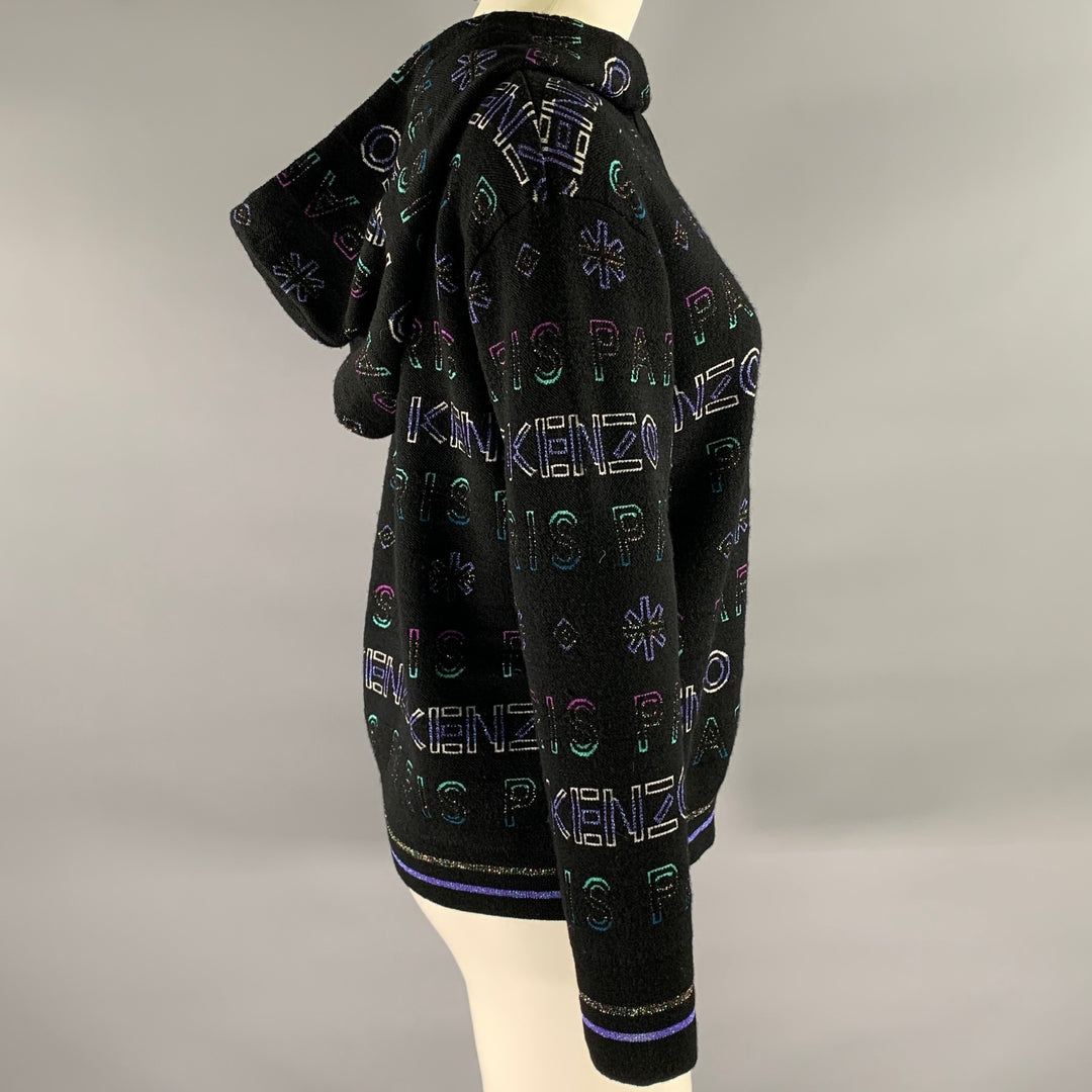KENZO Size S Black Metallic Wool Blend Logo Cropped Hoodie