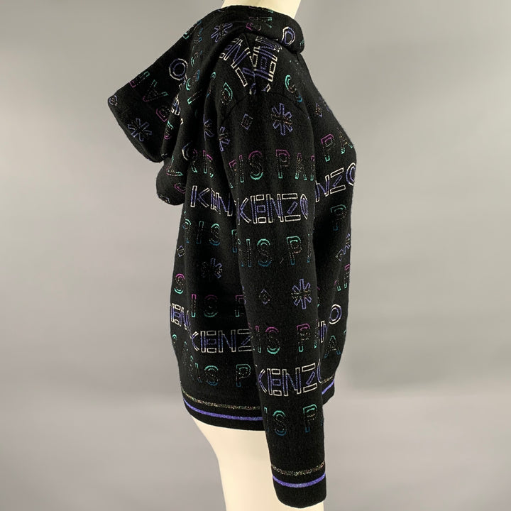 KENZO Size S Black Metallic Wool Blend Logo Cropped Hoodie