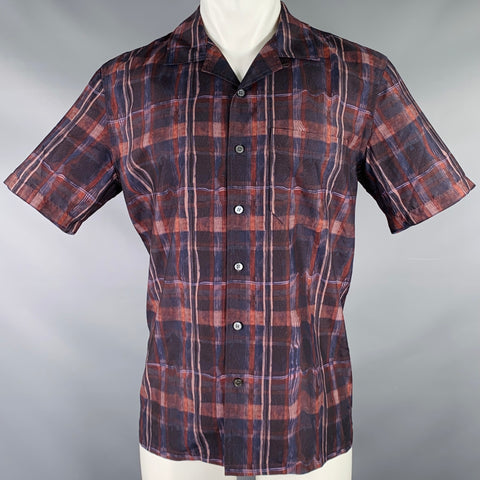 THEORY Size M Navy Brown Plaid Silk Blend Short Sleeve Shirt