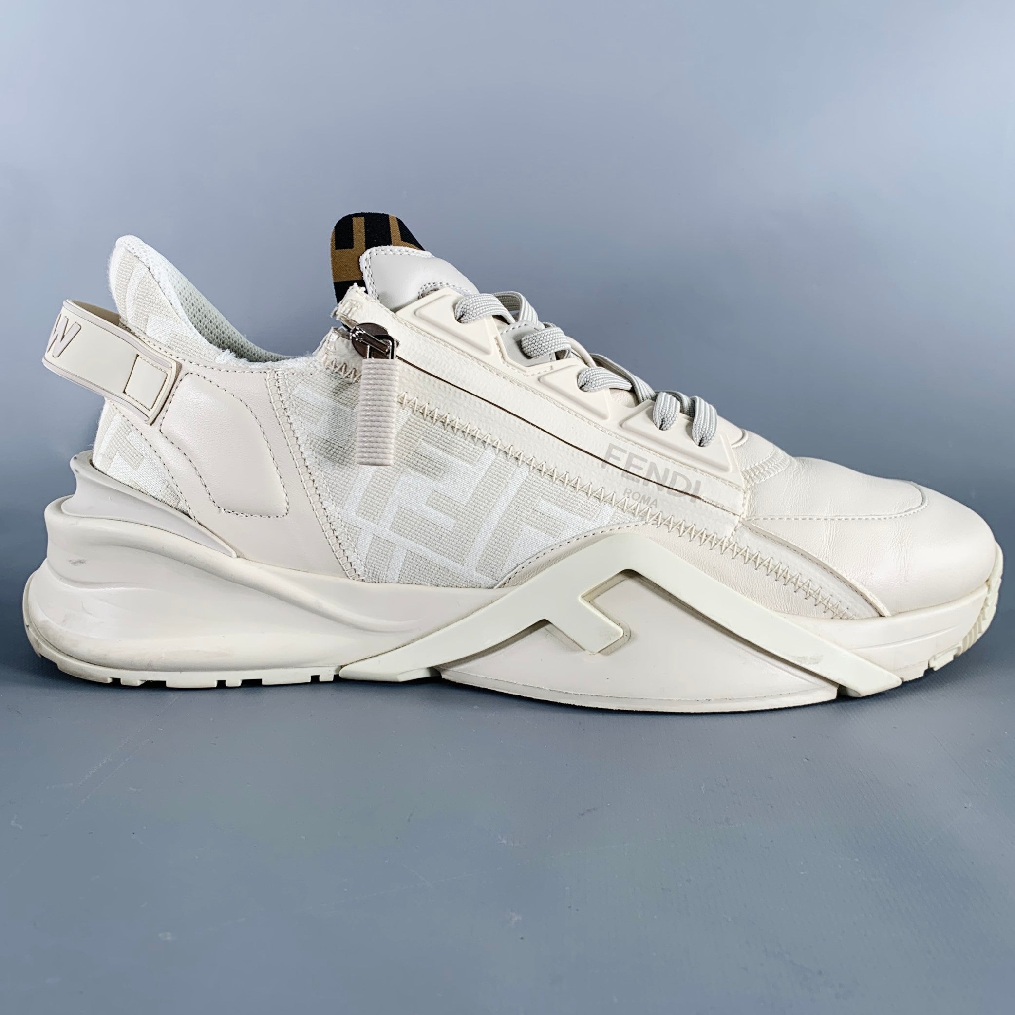 FENDI Size 11 White Off-White Leather Lace Up Zipper Flow Sneakers