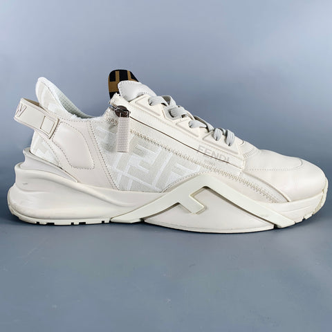 FENDI Size 11 White Off-White Leather Lace Up Zipper Flow Sneakers